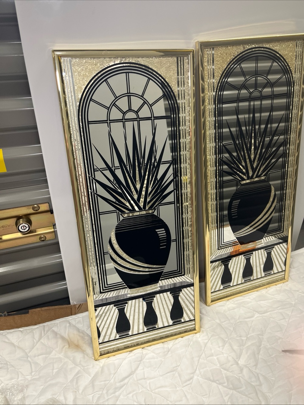 Vintage 80’s Gold Black Plant Vase Etched Mirrors Wall Art Pair Wall Decor - Picture 7 of 11